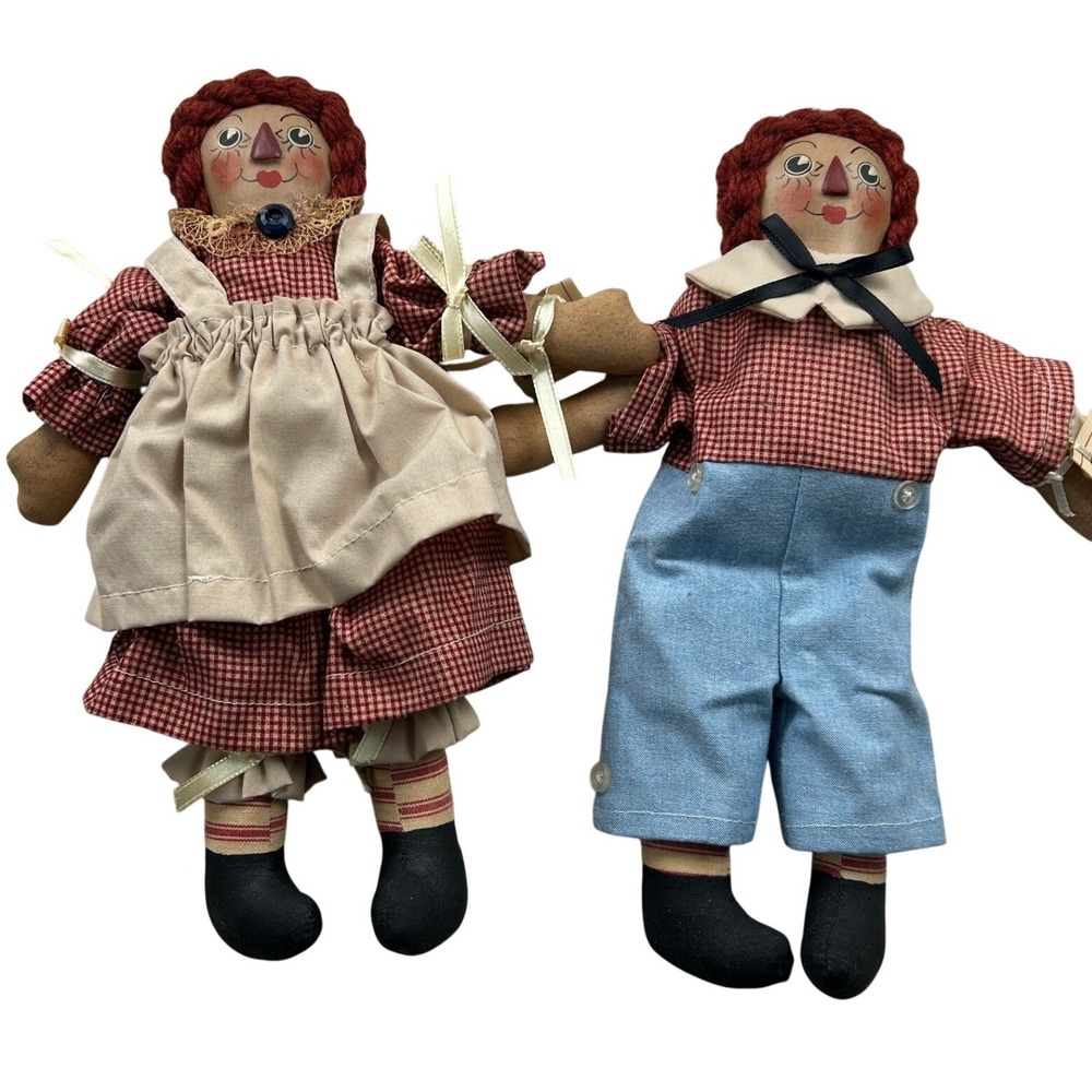 Vintage Raggedy Ann Andy Dolls Set Primitive Folk Art Wood Face Handmade 12"